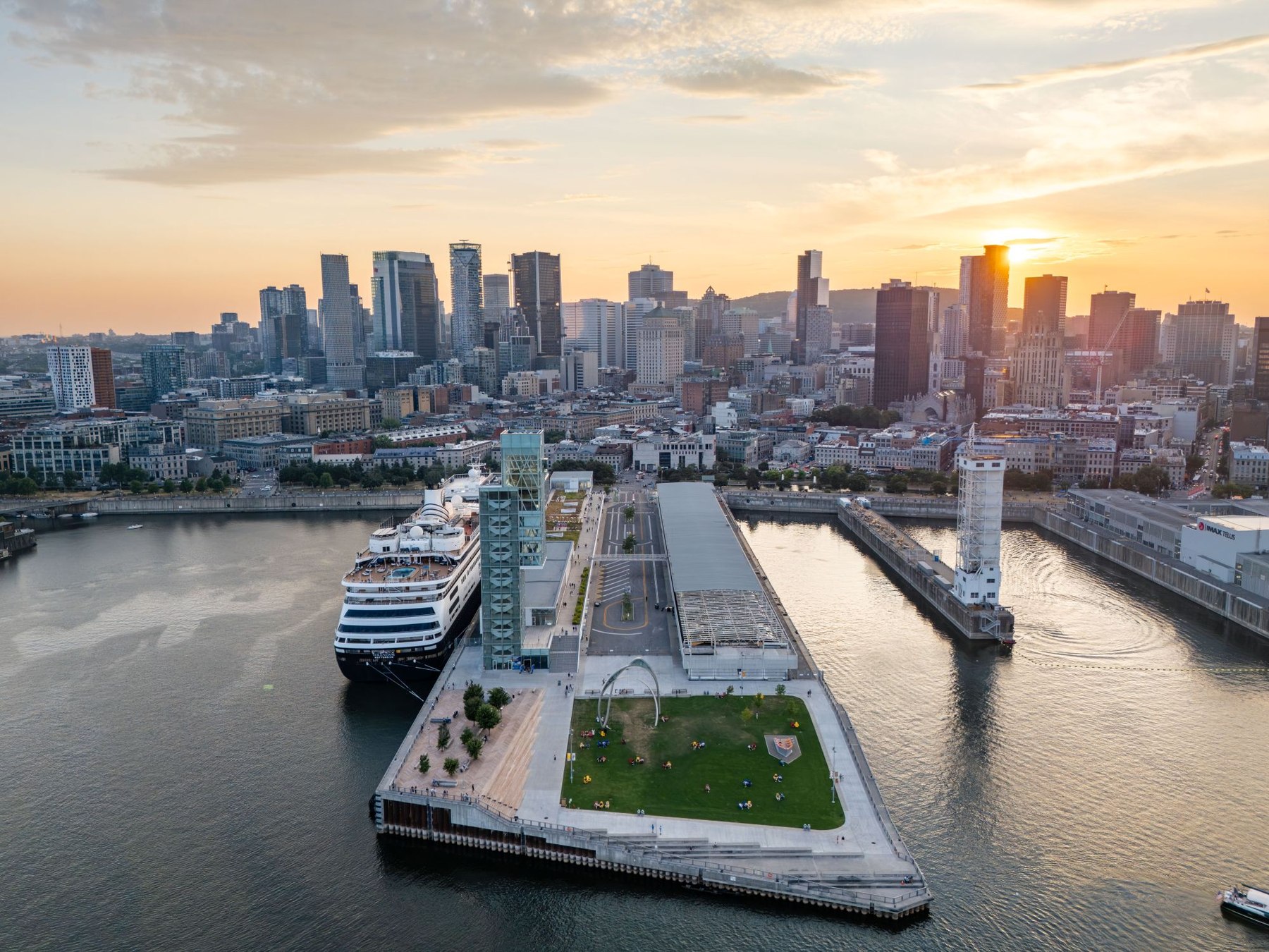 Grand Quai du Port, Montreal, aerial view at sunset